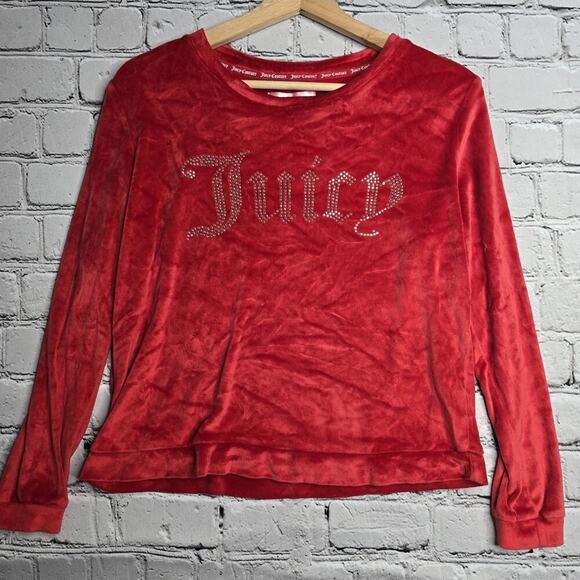 Juicy Couture Sleepwear Red Fuzzy Soft Long Sleeve Rhinestone Top Size Small - Picture 2 of 9